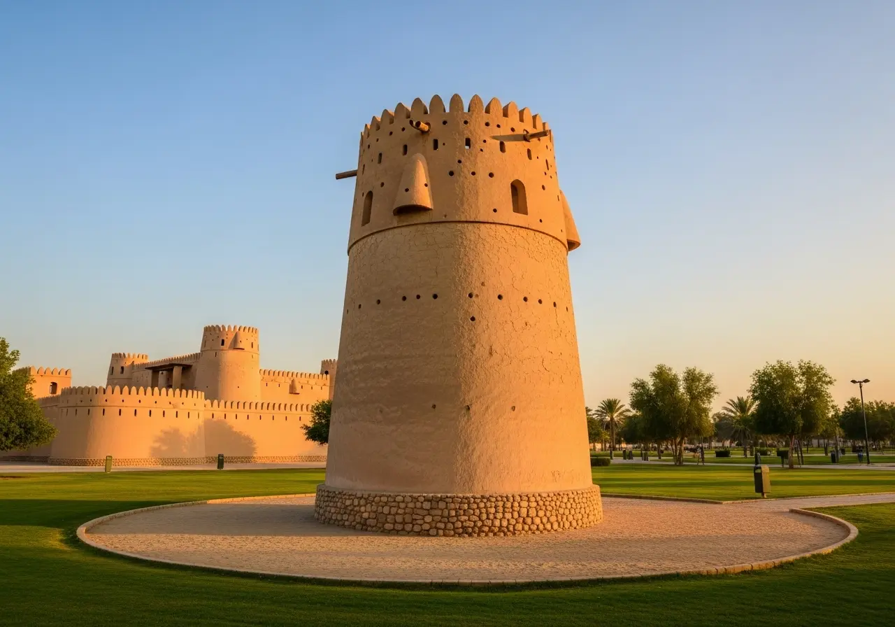 The iconic watchtower of the Al Jahili Fort at sunset during a tour.