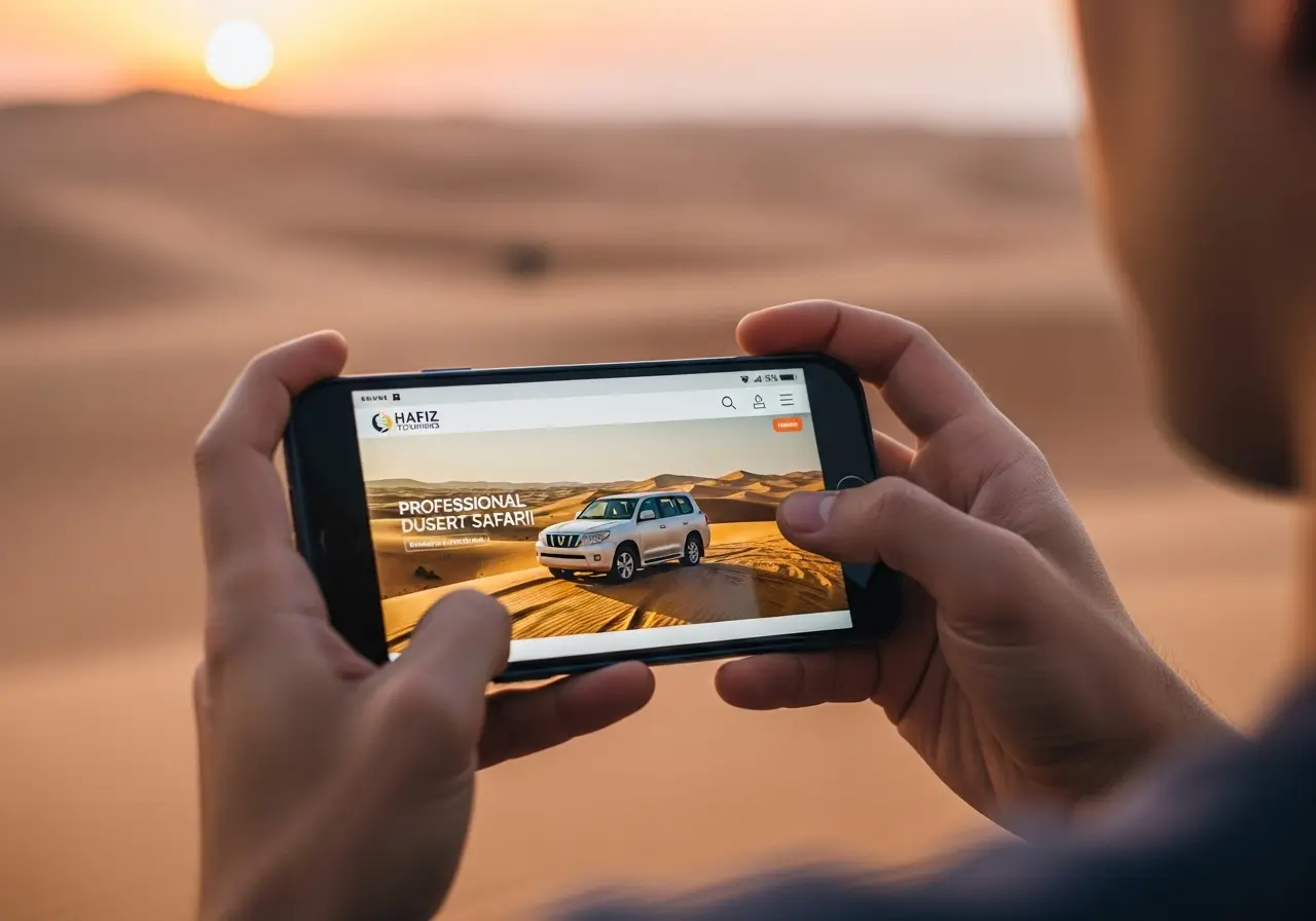 A person researching how to choose a desert safari operator on their phone.