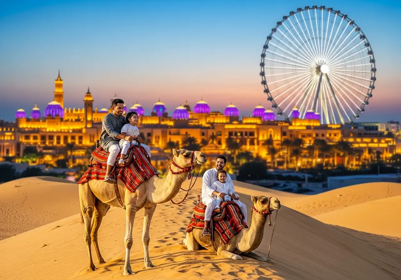 A family enjoying a desert safari Global Village at twilight.