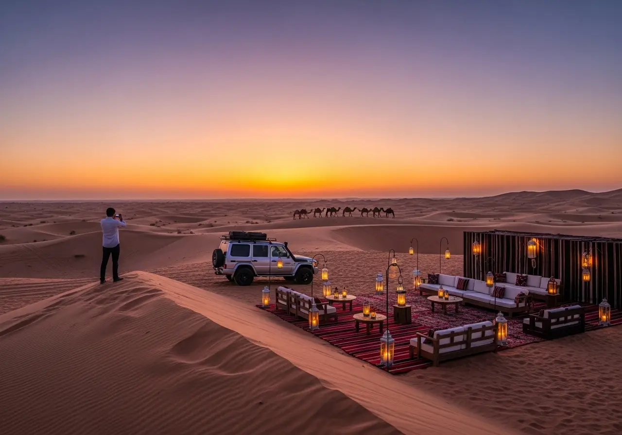 A thrilling Dubai Luxury Desert Safari featuring a beautiful luxury camp and a sunset.