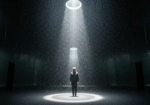 A person standing in the middle of the downpour during an Abu Dhabi Rain Room tour.