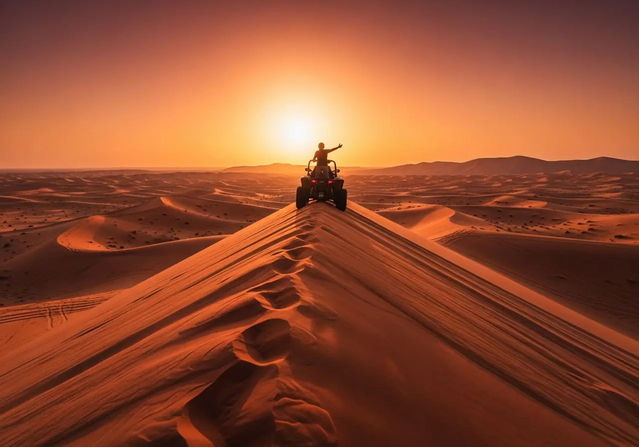 A person in a dune buggy enjoying the ultimate freedom of Extreme dune buggy rides in Dubai at sunset.
