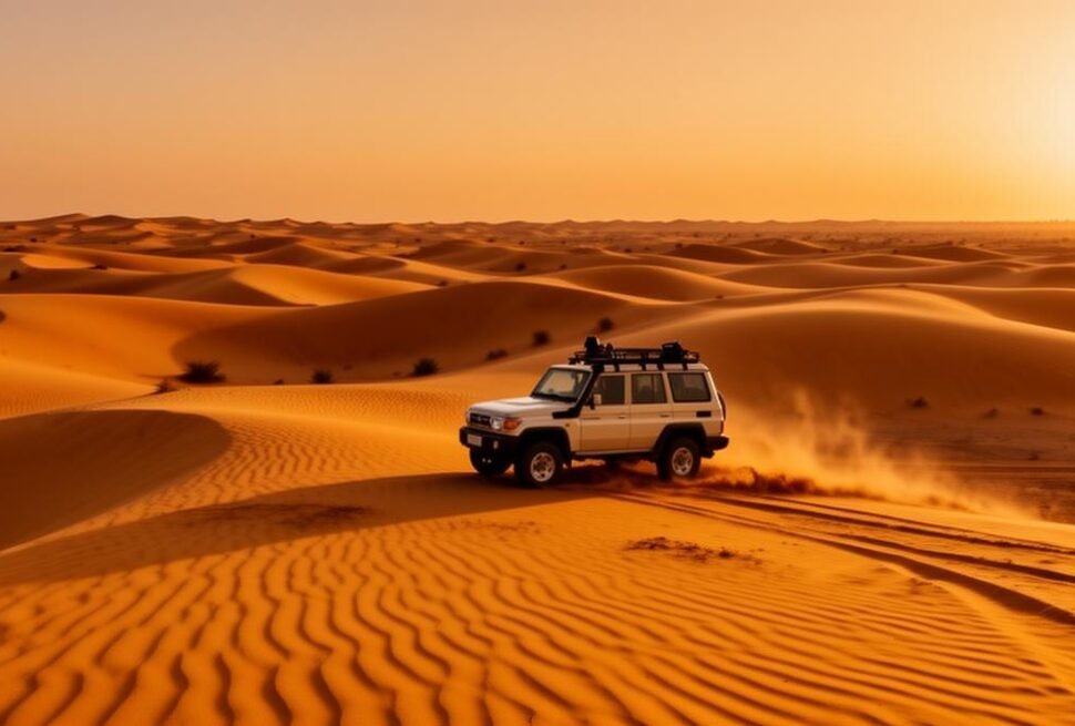 Dubai desert safari packages with a 4x4 vehicle on golden dunes